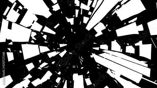 Shattered Fractured Broken Geometric Glass Shapes Blast. Burst Explosion Impact Geometric Destruction Effect. Geometric Manga Anime Comic Book Style Explosion. Vector Illustration.