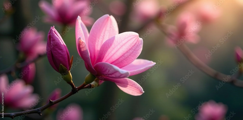 Pink magnolia petals cascade down a curved stem like delicate silk drapes, pink, buds, cascade Pink magnolia petals cascade down a curved stem like delicate silk drapes, pink, buds, cascade