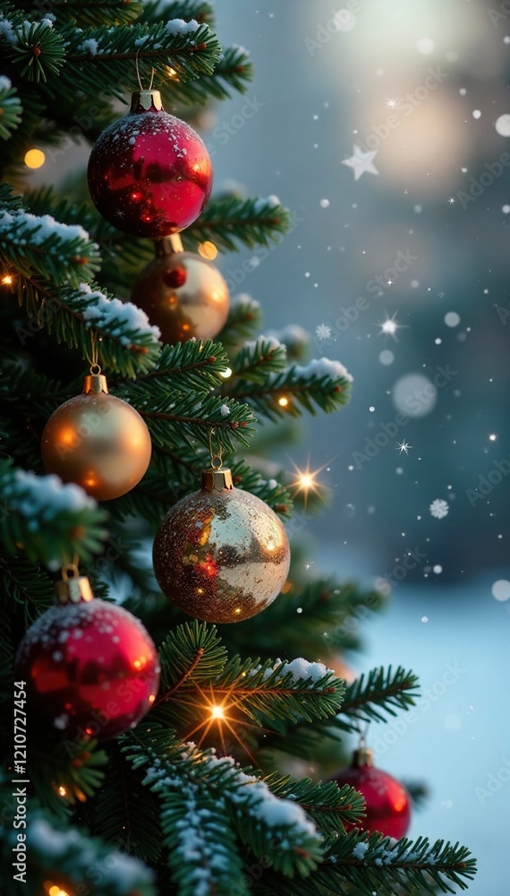 Evergreen tree with glass ornaments shimmering in warm light, snowflakes, shining star Evergreen tree with glass ornaments shimmering in warm light, snowflakes, shining star