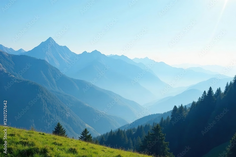 Obraz premium Softly fades blue to white gradient background on serene mountain landscape, serene, landscape