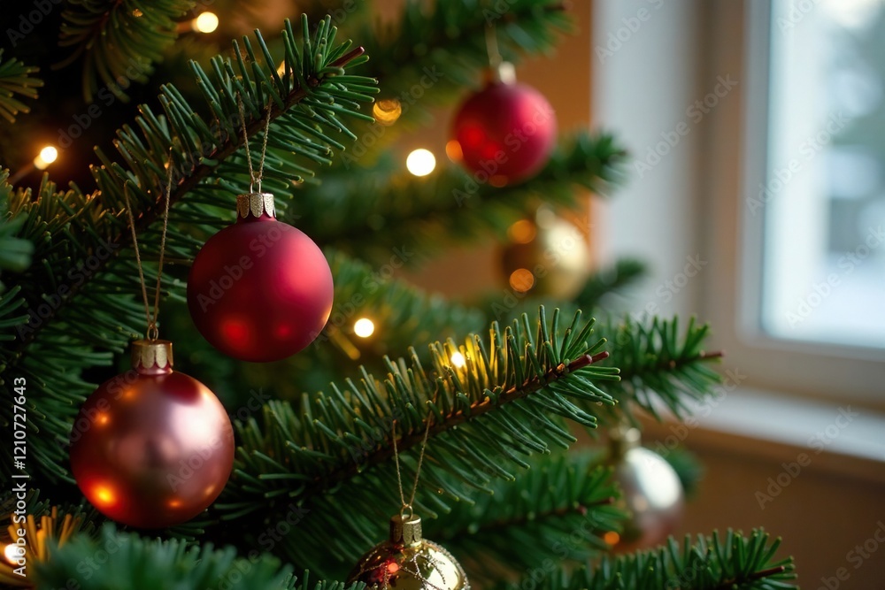 Twinkling lights and ornaments transform an evergreen tree into a festive centerpiece, twinkle lights, branch decorations Twinkling lights and ornaments transform an evergreen tree into a festive centerpiece, twinkle lights, branch decorations