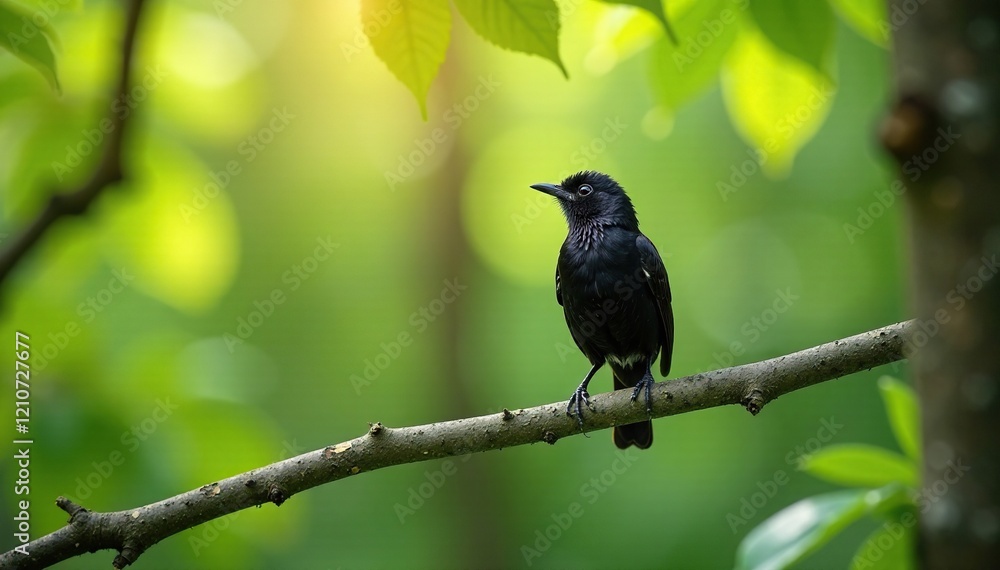 Black Redstart on a branch in the forest with dappled sunlight, , birdlife Black Redstart on a branch in the forest with dappled sunlight, , birdlife