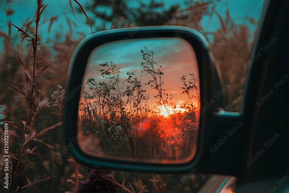 Sunset glow captured in car side mirror with peaceful road view Sunset glow captured in car side mirror with peaceful road view