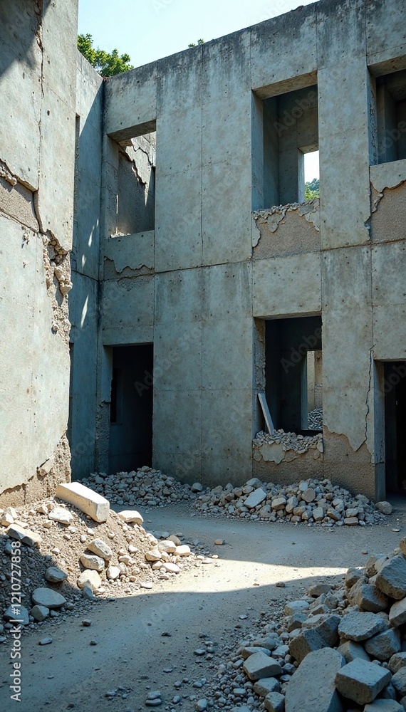 Fototapeta premium Crumbling concrete walls with shattered glass windows, fragments, rubble