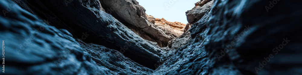 Low-Angle View of a Narrow Canyon with Dark Grey and Blue Rock Formations Low-Angle View of a Narrow Canyon with Dark Grey and Blue Rock Formations