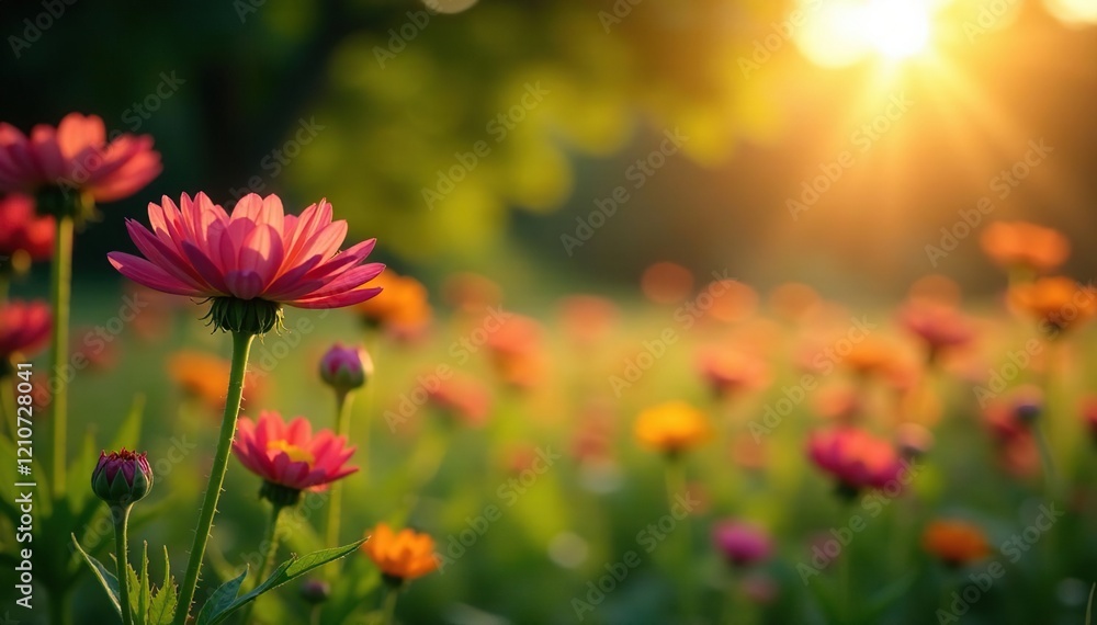 Softly glowing wildflowers illuminate the fading light of a summer evening, sunlight filtering through leaves, nature scenery Softly glowing wildflowers illuminate the fading light of a summer evening, sunlight filtering through leaves, nature scenery