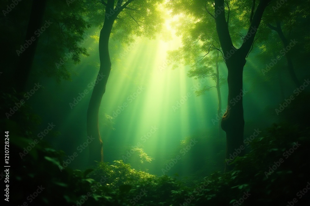 Obraz premium Sunlight filters through the dense canopy of a tropical rainforest, leaves, misty, branches