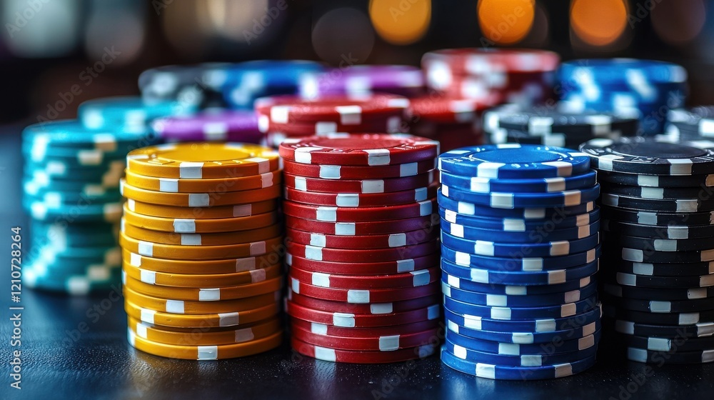 Stacks of colorful casino chips arranged on a dark table during an evening gaming session Stacks of colorful casino chips arranged on a dark table during an evening gaming session