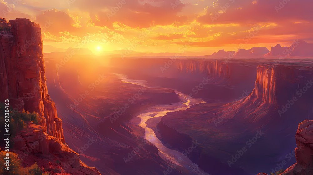 Fototapeta premium Sunset view of a canyon with rugged rock formations and a river valley. Frosted Canyon. Illustration