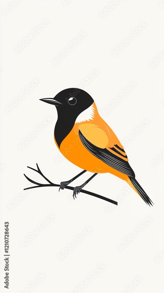 Fototapeta premium Orange and Black Bird on a Branch: A minimalist nature illustration of a small, vibrant bird perched delicately. Perfect for bird lovers and wildlife enthusiasts.
