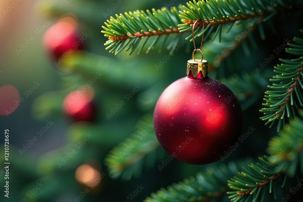 Obraz premium Deep crimson ornament suspended from fir branch, branches, evergreen