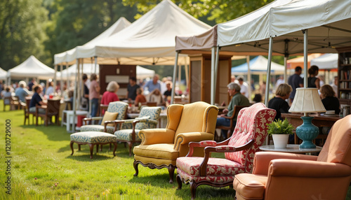 Refurbished furniture showcased at community rummage sale, vibrant atmosphere