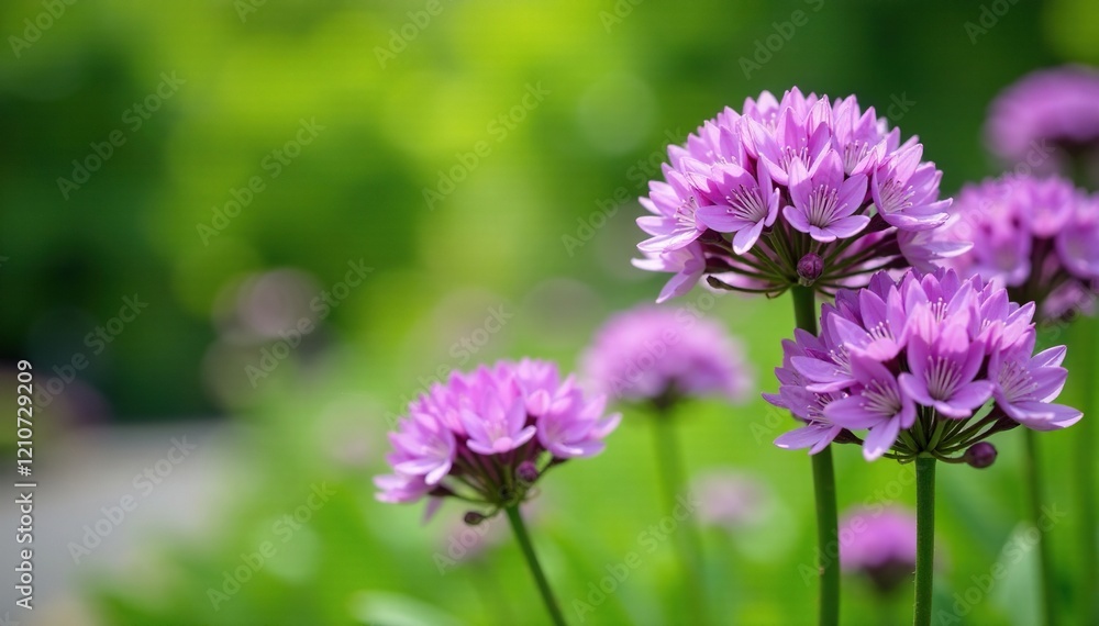 Delicate purple Allium flowers blooming in a lush garden, greenery, spring Delicate purple Allium flowers blooming in a lush garden, greenery, spring