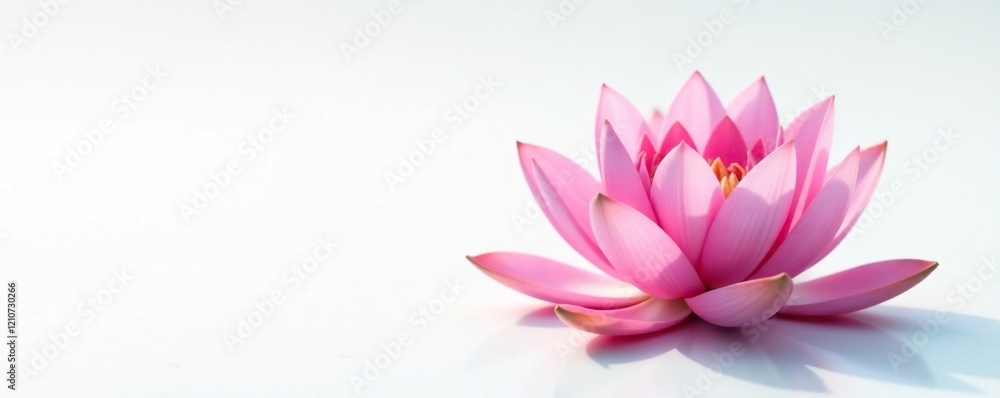 Obraz premium Delicate pink lotus blooms on a serene white background, its petals gently unfolding, water lily, pink lotus, nature