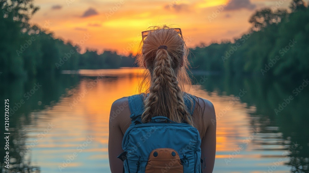 Obraz premium Watching the sunset from a riverbank with a braided hairstyle and a backpack