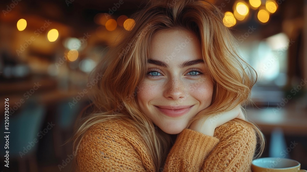 Woman smiling in a cozy cafe with soft lighting. Generative AI Woman smiling in a cozy cafe with soft lighting. Generative AI
