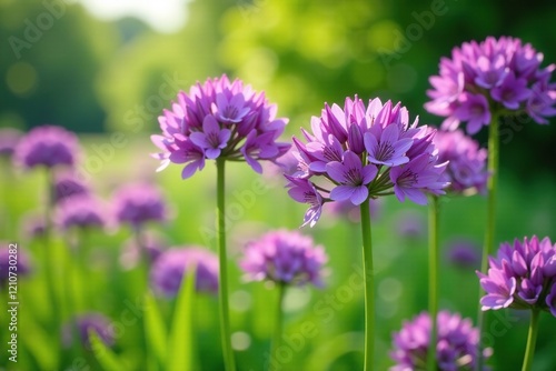 Delicate purple Allium flowers blooming in a lush garden, spring, purple, greenery