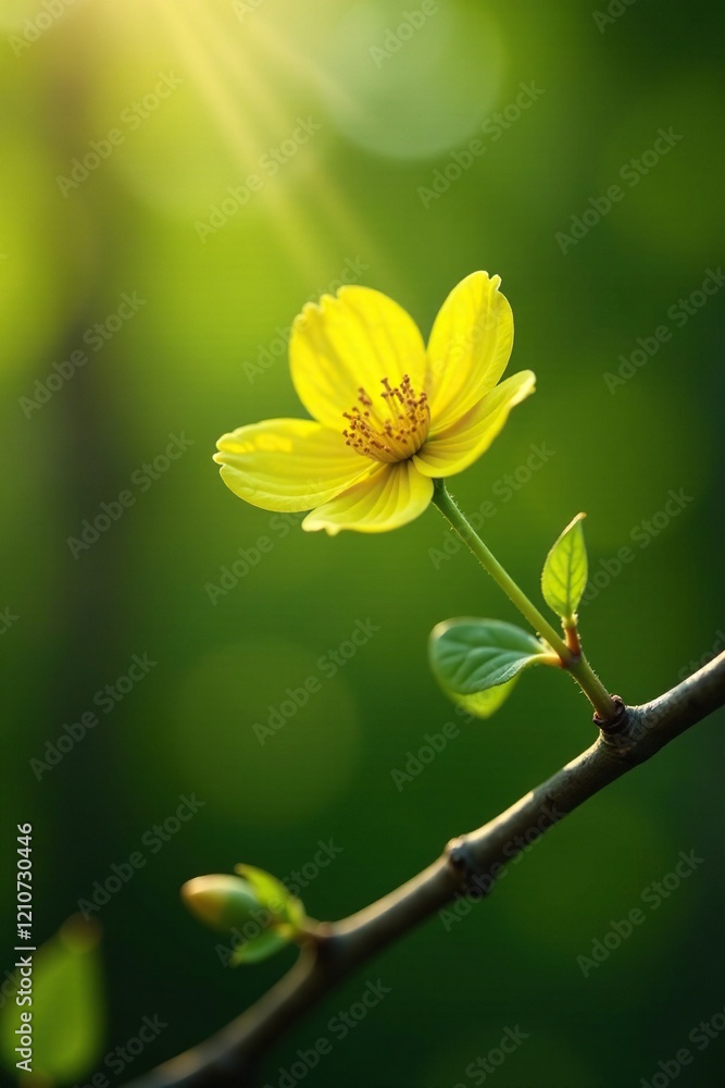 Obraz premium A small yellow flower blooms on a thin branch, sunshine, branch