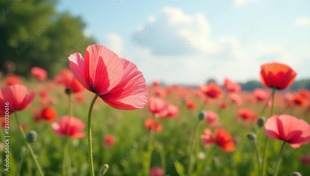 Field of tall pink poppy flowers swaying in gentle breeze, garden, wildflowers, landscape Field of tall pink poppy flowers swaying in gentle breeze, garden, wildflowers, landscape