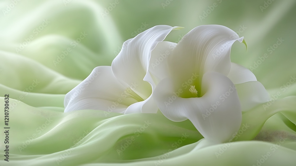 Fototapeta premium Two White Calla Lilies Resting on Pale Green Fabric