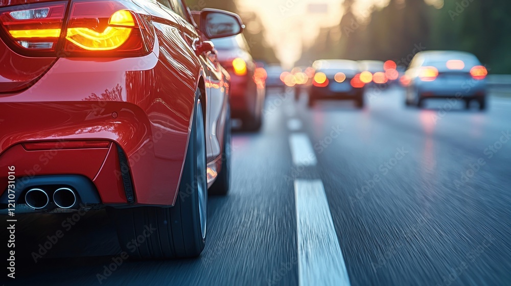 Red sports car leads a line of vehicles on a busy highway during sunset in the evening Red sports car leads a line of vehicles on a busy highway during sunset in the evening