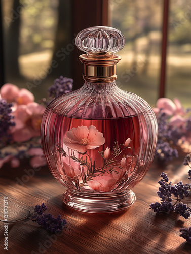 Luxury perfume and floral decor on plastic surface