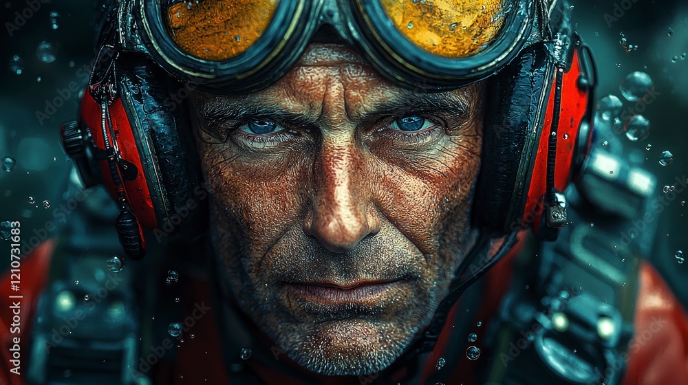 Close-up portrait of a mature man wearing goggles and headphones, rain droplets visible. Close-up portrait of a mature man wearing goggles and headphones, rain droplets visible.