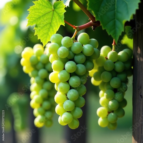 Wallpaper Mural Bunches of green grapes hang from a wooden arbor covered with morning dew, dewy, hang, fruity Torontodigital.ca