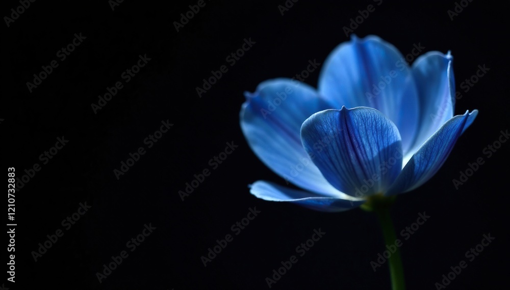 Dark blue petals unfolding from delicate stem, black background, floral, organic Dark blue petals unfolding from delicate stem, black background, floral, organic