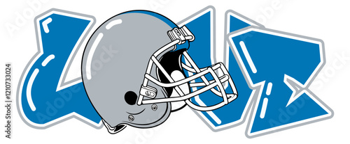 love - Metallic silver and Honolulu blue football player helmet, sport vector graphics, hockey, for street art - graffiti lettering typography - art illustration - multicolor - writen		