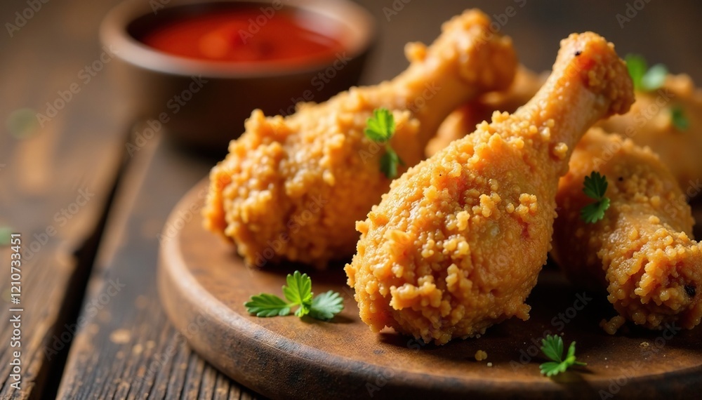 Buttermilk fried chicken drumsticks on a wooden surface with dipping sauce, condiment, sauce