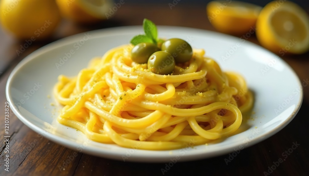 A plate of spaghetti smothered in a creamy cheese sauce with green olives and lemon zest on top, yellow, cheesy goodness A plate of spaghetti smothered in a creamy cheese sauce with green olives and lemon zest on top, yellow, cheesy goodness