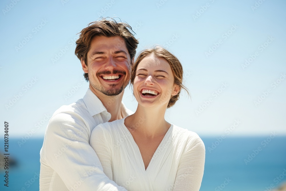 Obraz premium A joyful couple sharing laughter and love near the ocean at sunset