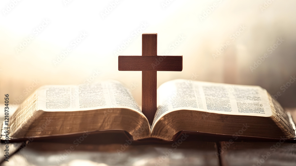 Open Bible with Wooden Cross in Soft Light Spiritual Symbol of Faith and Hope : Generative AI Open Bible with Wooden Cross in Soft Light Spiritual Symbol of Faith and Hope : Generative AI