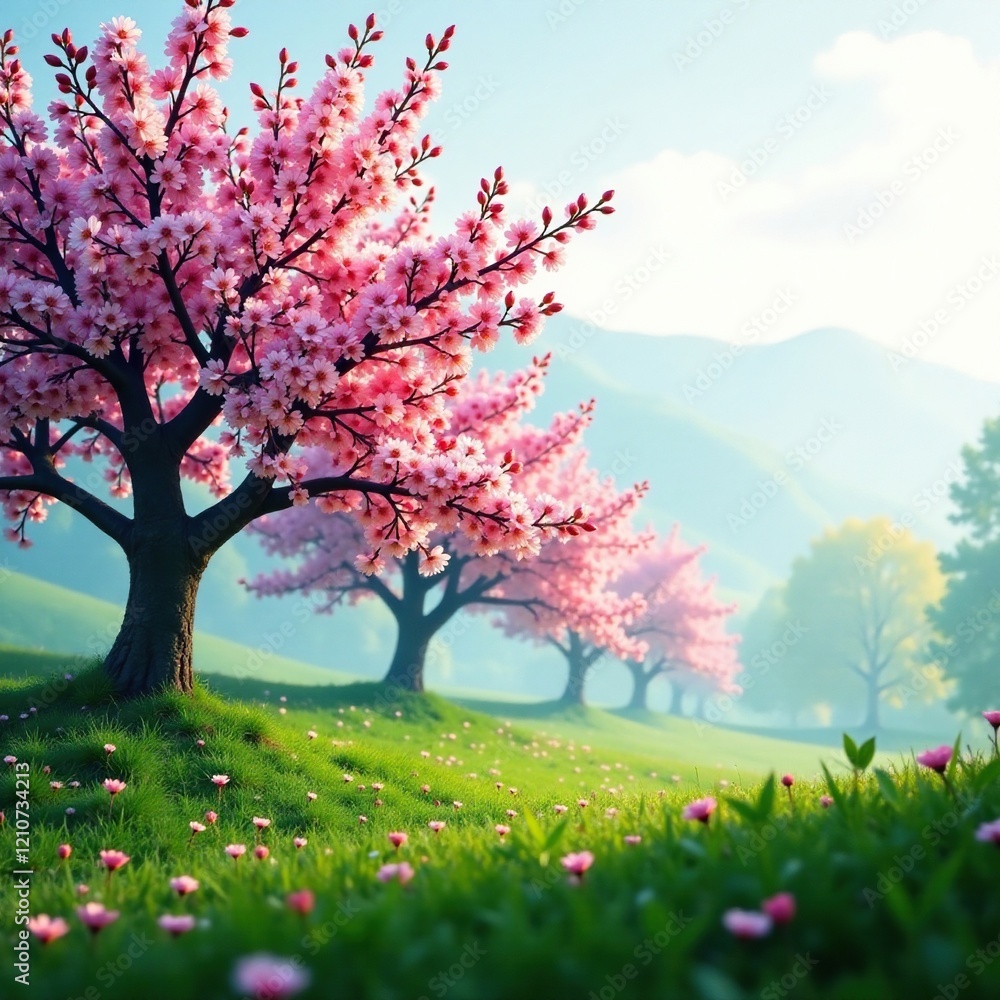 Blooming almond trees amidst lush greenery and a white hazy atmosphere, misty, bloom Blooming almond trees amidst lush greenery and a white hazy atmosphere, misty, bloom
