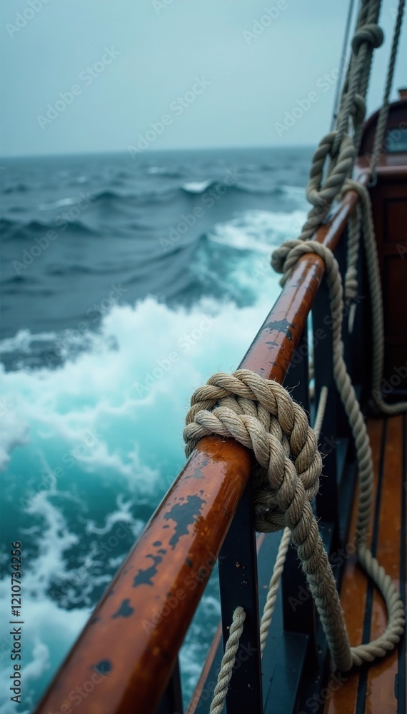 Obraz premium Coiled rope wrapped around wooden ship railing in stormy weather, wind, nautical, waves