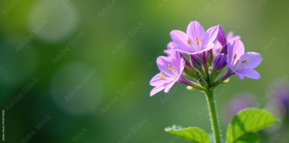 Fototapeta premium Delicate purple flowers bloom on a lush green stem, garden, delicate, flower