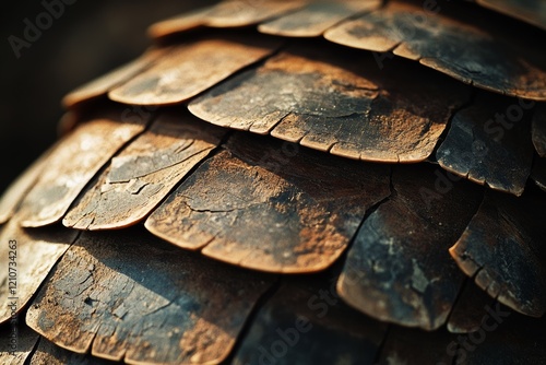 Close-up of rough, textured scales arrayed like shingles, creating an abstract blend of rust and copper hues in natural light. photo