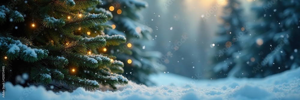 Snowflakes fall gently around a festive fir tree in a winter wonderland, winter, evergreen Snowflakes fall gently around a festive fir tree in a winter wonderland, winter, evergreen