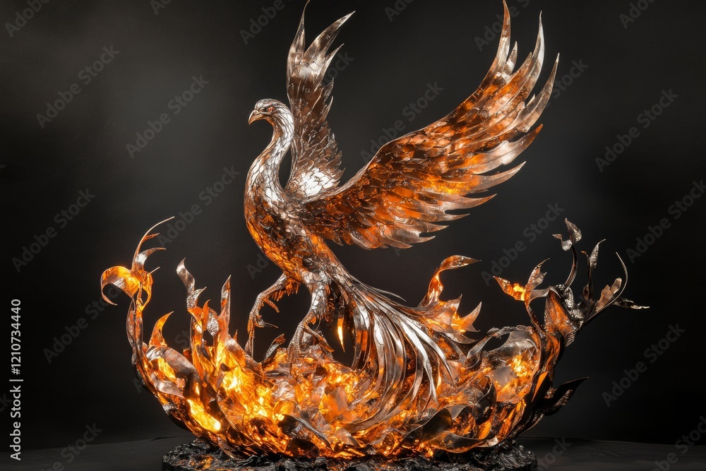 Obraz premium This stunning metal art sculpture showcases a phoenix soaring from fiery flames, capturing the essence of rebirth and resilience. Crafted meticulously, it brings vibrant colors to life