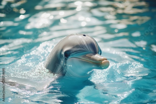 A curious dolphin surfaces playfully in clear, sparkling waters, radiating joy and intelligence amid a sunlit aquatic world. photo