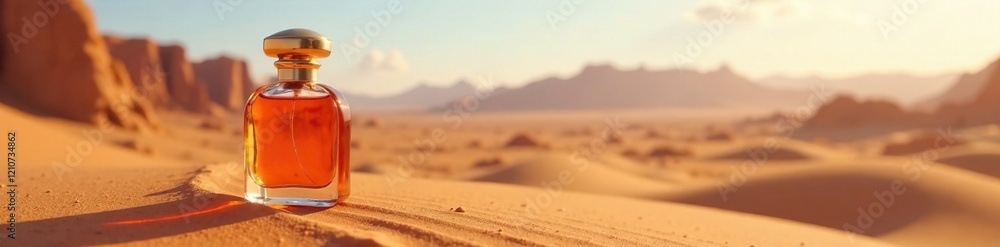 Desert landscape with a single perfume bottle in the foreground, landscape, solitude, soft focus Desert landscape with a single perfume bottle in the foreground, landscape, solitude, soft focus