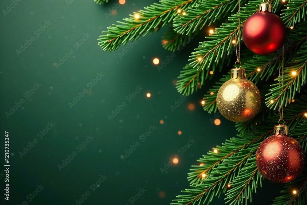 Delicate fir branches adorned with gold ornaments and garland, sparkling, evergreen, golden ornaments Delicate fir branches adorned with gold ornaments and garland, sparkling, evergreen, golden ornaments