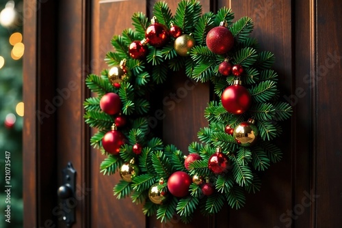 A festive wreath made of evergreen branches and colorful ornaments hangs on a wooden door, glowing ornaments, mistletoe
