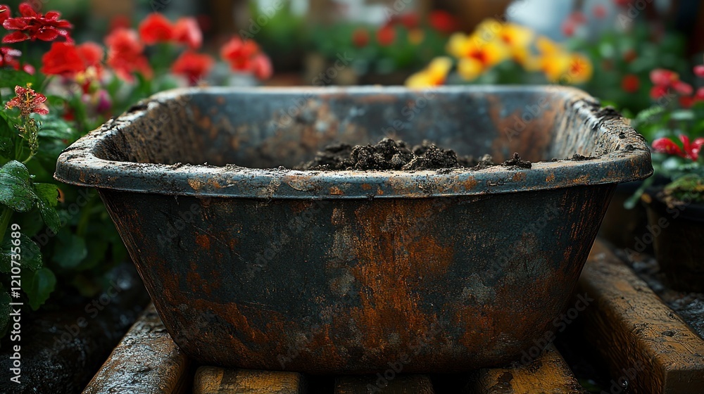 Dirty planter, soil, garden, flowers, spring planting, preparation, outdoor, background Dirty planter, soil, garden, flowers, spring planting, preparation, outdoor, background