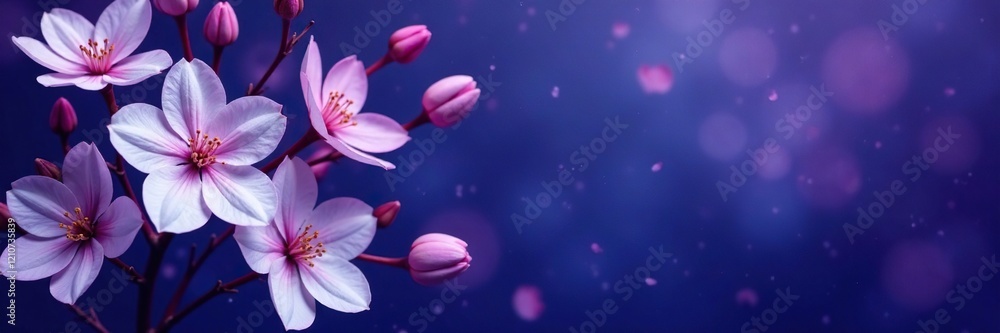 A deep blue-purple background complements the delicate white flowers, petals, purple A deep blue-purple background complements the delicate white flowers, petals, purple