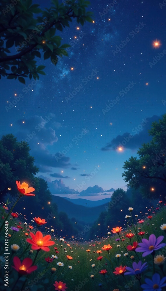 Twinkling stars and glowing fireflies on a summer night with greenery and flowers, shimmering, flowers, glowin Twinkling stars and glowing fireflies on a summer night with greenery and flowers, shimmering, flowers, glowin