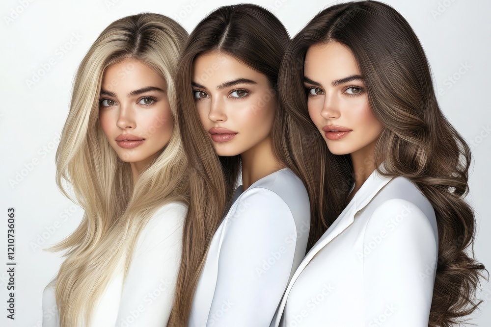 A group of three joyful and attractive women embrace and face the camera A group of three joyful and attractive women embrace and face the camera