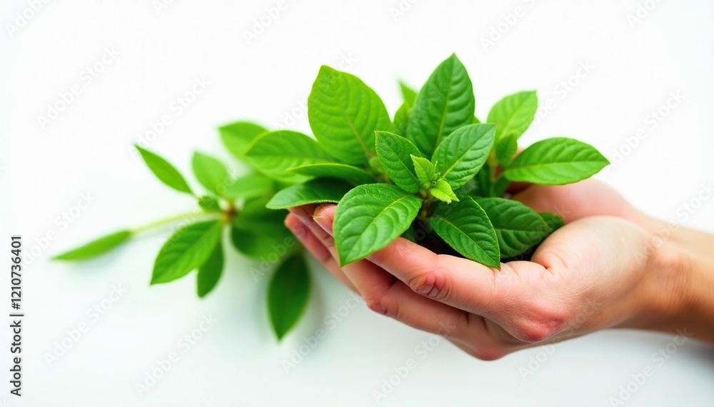 A handful of fresh green leaves and stems against a plain white background, leaves, nature, white space A handful of fresh green leaves and stems against a plain white background, leaves, nature, white space