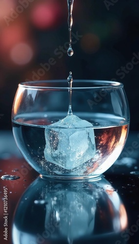 A slow-moving ice cube slowly falls into a glass bowl containing water that reflects like a still pond, reflection, bowl, drop photo